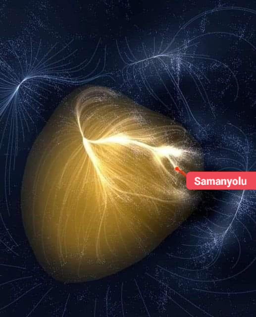 Görselde gördüğünüz ipliksi sarı yapı, 100.000 Galaksiden oluşan Laniakea Süper Üst Kümesidir. Laniakea'nın çapı 500 milyon ışık yılı büyüklüktedir ve yüz trilyon Güneş kütlesi içerir. Görselde gördüğünüz her nokta bir Galaksidir ve yerel Galaksi kümeleri bir ip gibi