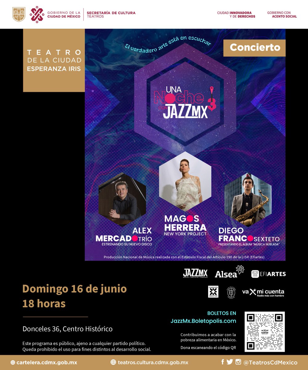 ‘Una Noche con JazzMx’ es un festival musical que enaltece el talento producido por la comunidad de jazzistas mexicanos dentro y fuera del país.

Con Magos Herrera, Alex Mercado Trío y Diego Franco Sexteto, 16 de junio en el #TeatroDeLaCiudad. 🎟️ jazzmx.boletopolis.com