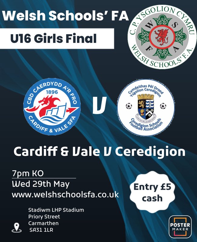 Our last final of the season.
U16 Girls Final
<a href="/CVSFA/">Cardiff & Vale Schools & Colleges FA</a> v <a href="/CeredigionSFA/">Ceredigion S.F.A.</a> 
🗓️Wednesday 29th May
🏠<a href="/CarmarthenAFC/">Carmarthen Town AFC 🏴󠁧󠁢󠁷󠁬󠁳󠁿</a> 
⌚️7pm ko
⚽️🏆🥇🥈