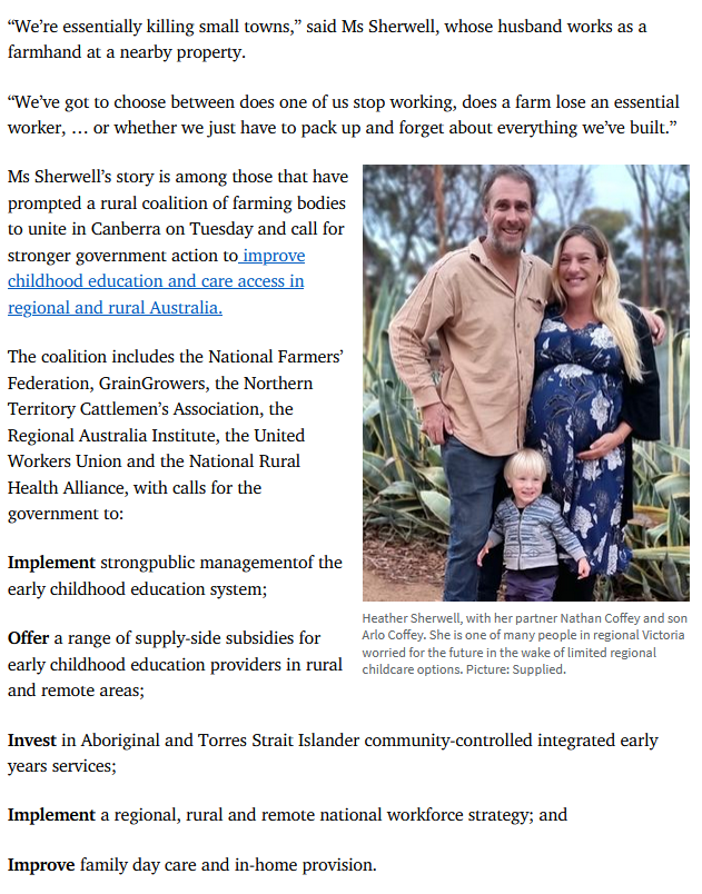 Heather Sherwell is raising her two young children in Victoria’s southern Mallee while on maternity leave from her job in business development.
But if the childcare in nearby Hopetoun cannot find educational staff by her return to work, she is “screwed”. Read her story here 👇