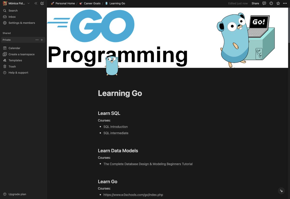 coding_mermaid's tweet image. Never stop learning 💻🦄

For my self-development, I decided to learn a new language. 

I do love #notion to keep things organized and taking notes ✨

#golang #go