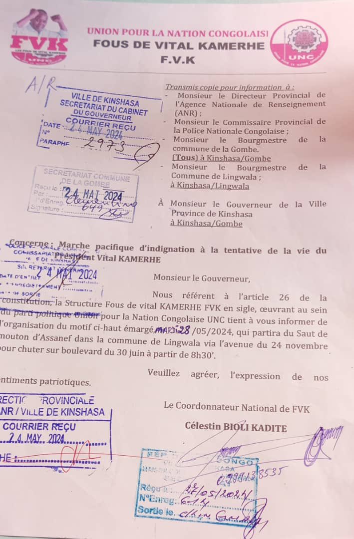 mediacongo's tweet photo. Tentative d'insurrection à #Kinshasa : La structure "Fous de Vital #Kamerhe" (#FVK), membre de @RDC_UNIONSACREE, a annoncé l'organisation, demain mardi 28 mai, une marche pacifique d'indignation qui partira du Saut-de-mouton d'#Assanef à #Lingwala vers le Boulevard #Lumumba à #Ndjili
https://t.co/4GPDiNBwWT