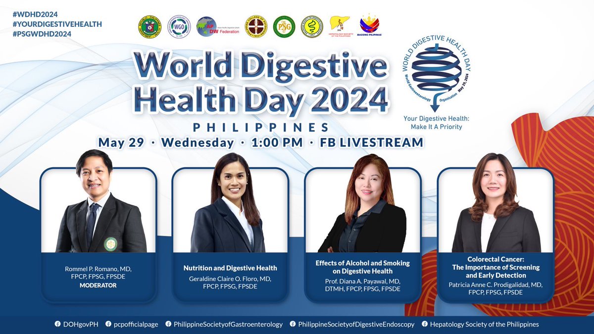 IanCuaMD's tweet photo. Let's celebrate the World Digestive Health Day on 29 May 2024 🌏🇵🇭 #WDHD2024

#YourDigestiveHealth: Make it a Priority ☝️💯

Together, let's raise awareness and promote our digestive health. See you on our virtual forum on May 29, 1pm 😉 https://t.co/vit9Pw7ZtH