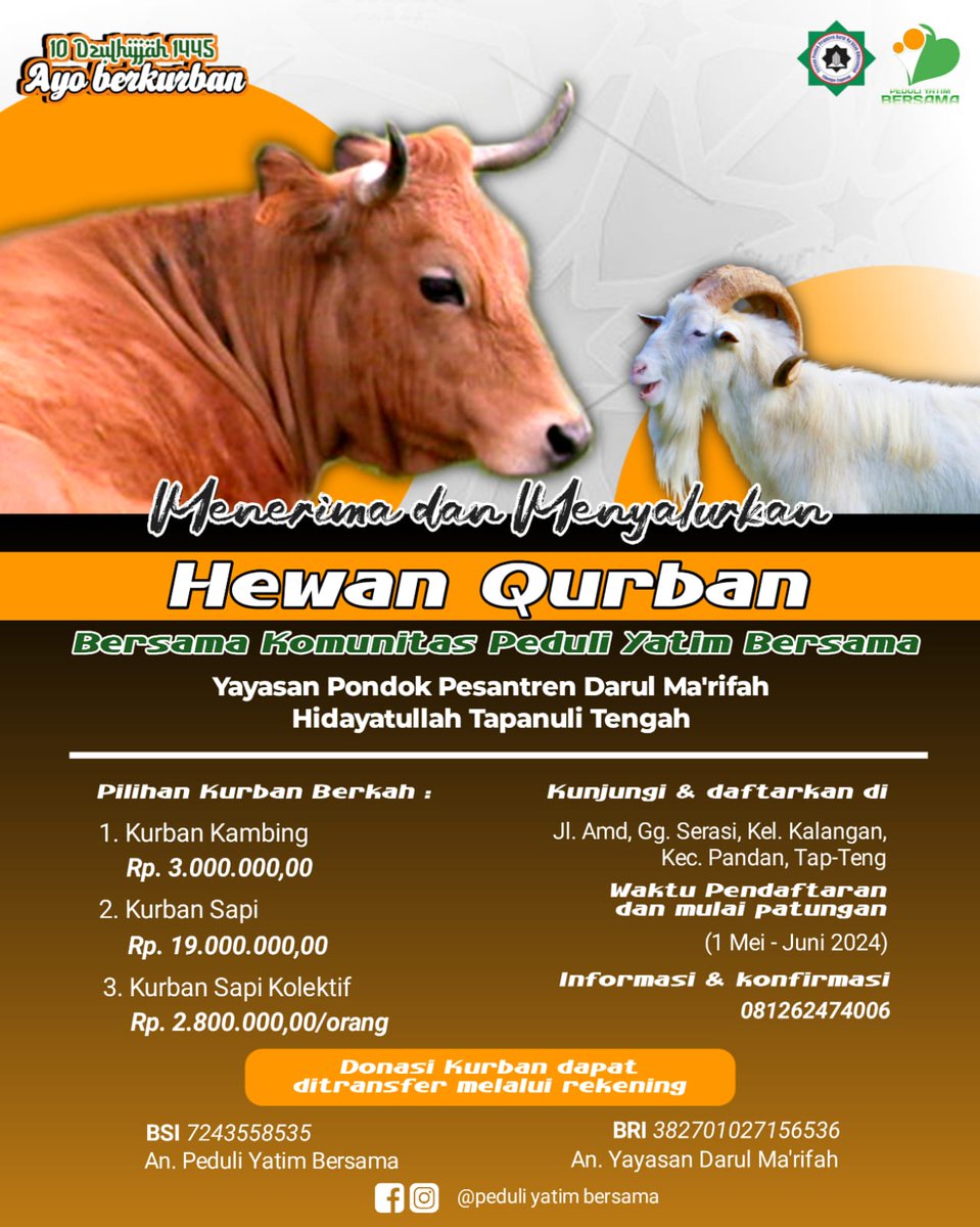 BhintaShizu_011's tweet photo. Yuk ikut sahabat ikut serta dalam daftar pe-Qurban kita tahun ini😊

Kita sebagai panitia  menerima dan menyalurkan hewan Qurban kepada Yatim Dhuafa' dan warga sekitar.

Yuk ! tunggu apa lg segera daftarkan diri dan jadi org pertama utk pe-Qurban sapi 😊
@PeduliYatimBrsm https://t.co/A1pj2B7cGU
