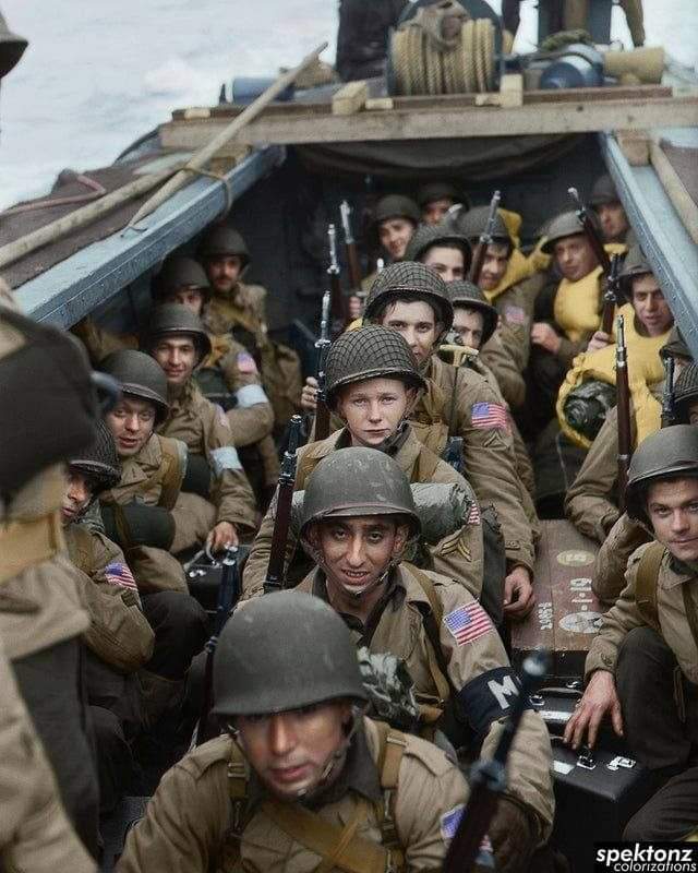 Colorized iconic photo of American troops on board a landing craft heading for the beaches at Oran in Algeria during Operation 'Torch', November 1942. Posted on Reddit, the comments included one by SquidwardNakamoto who said on May 31, 2020: 'That 'child' in the middle of the
