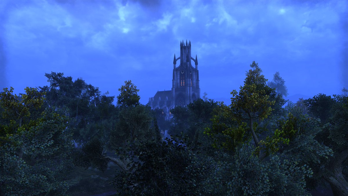 tamrielscapes's tweet image. Gottlesfont Priory is one of a few fully intact Imperial structures left in the Cyrodiil warzone. The iconic chapel spire towers above the Great Forest towards the overcast night sky.

#ESO #Cyrodiil #Tamriel #Landscape