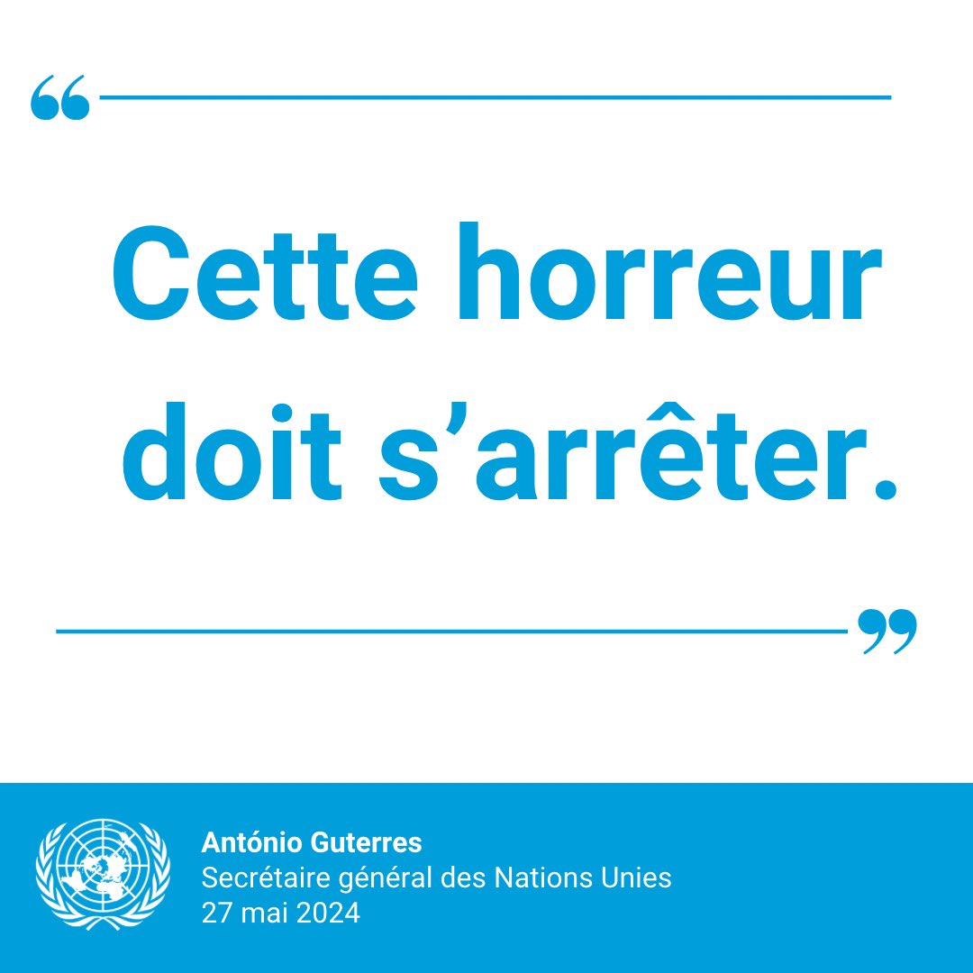 « Il n’y a pas d’endroit sûr à Gaza.

Cette horreur doit s’arrêter ».

<a href="/antonioguterres/">António Guterres</a> a condamné lundi les actions d’Israël qui ont entraîné la mort des dizaines de civils innocents. Ces derniers cherchaient un abri pour échapper à ce conflit meurtrier. news.un.org/fr/story/2024/…