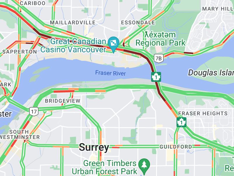 ✅CLEAR - #BCHwy1 stalled vehicle Eastbound East of #PortMannBridge is now clear. Expect delays due to remaining congestion. #SurreyBC