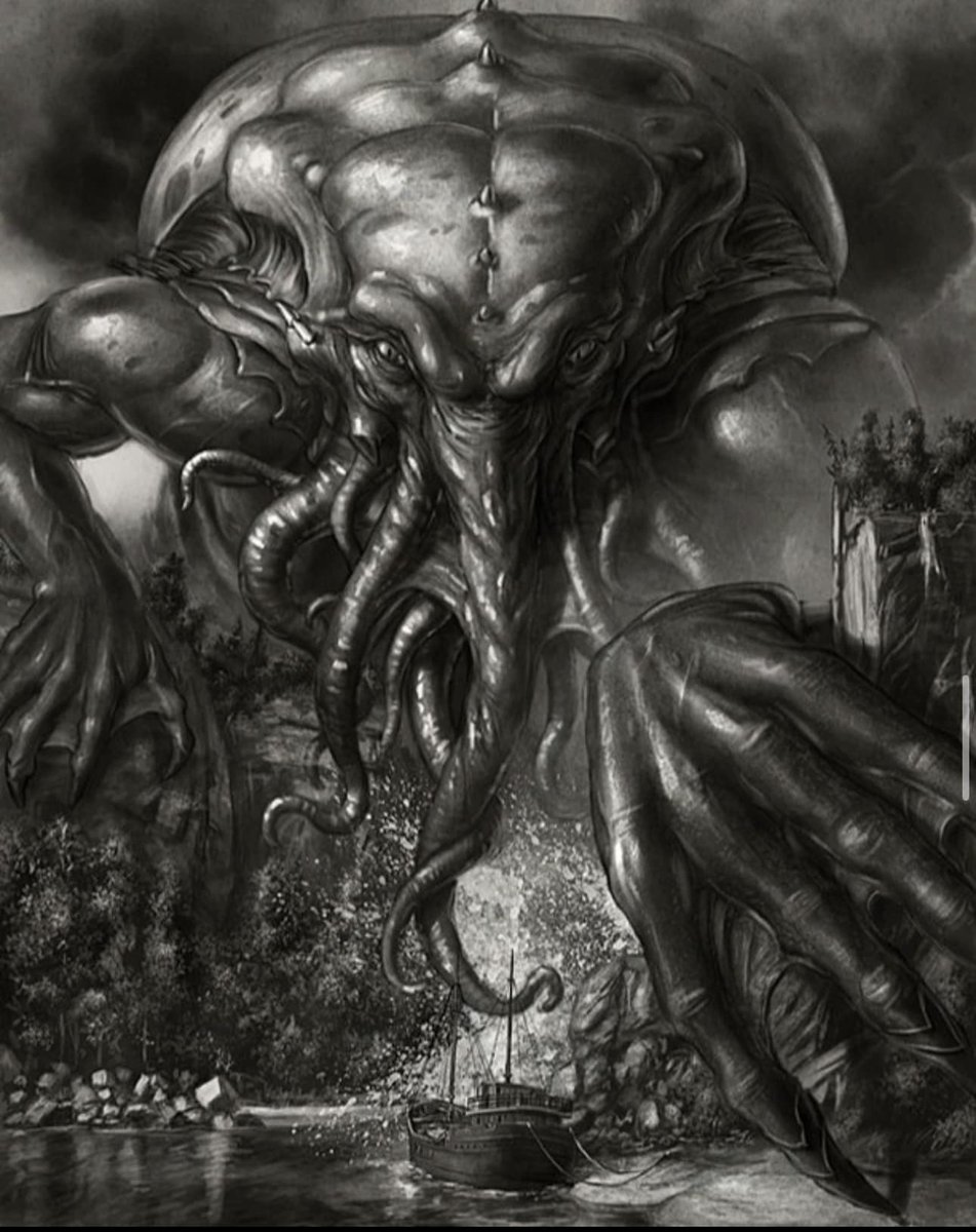 🦑Cthulhu still lives in that chasm of stone which has shielded him since the sun was young. His accursed city is sunken once more; but his ministers on earth still bellow & prance & slay around idol-capped monoliths in lonely places🎨Henning🦑#Cthulhu #HPLovecraft #Lovecraftian