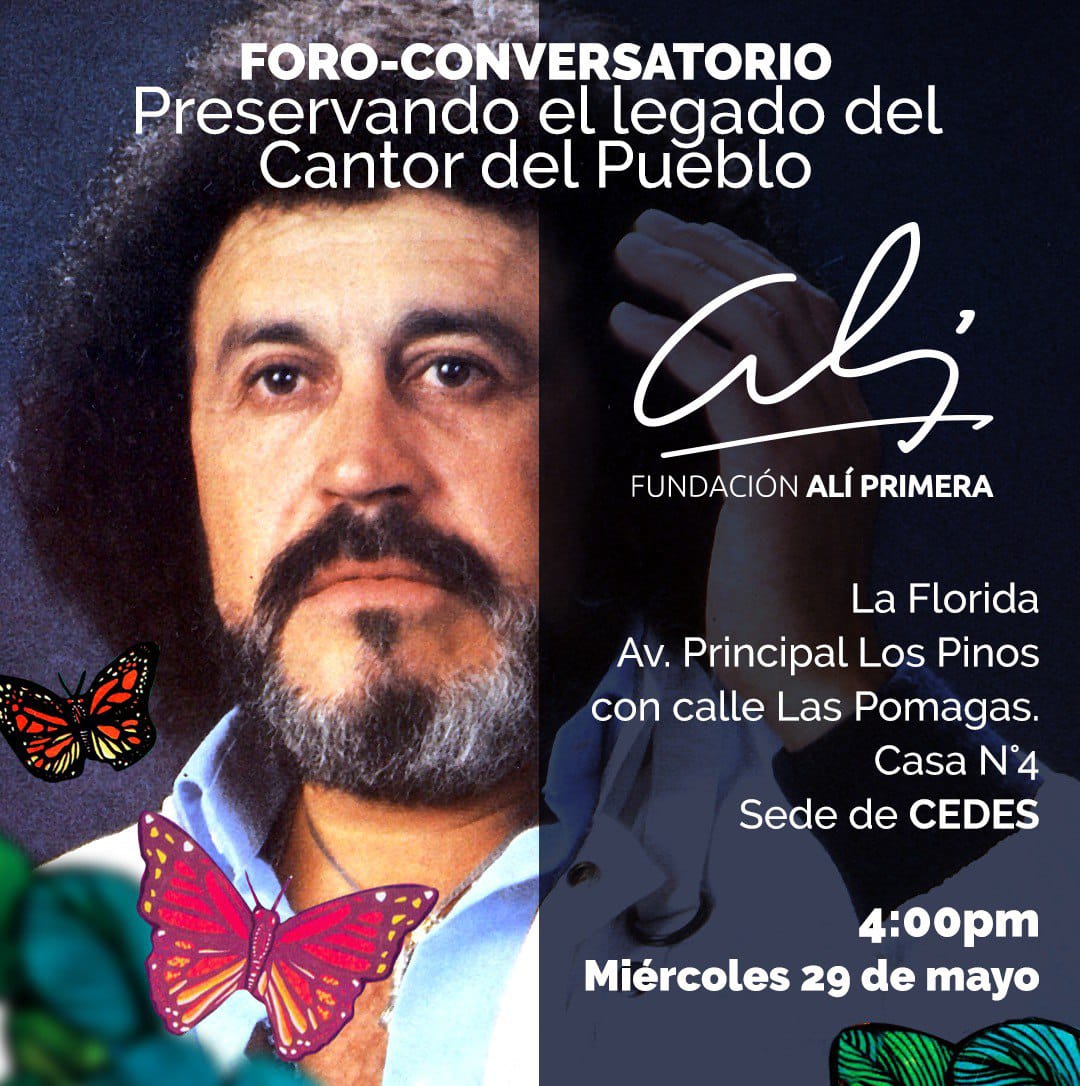 Este miércoles 29 de mayo a las 4 de la tarde: 'Preservando el legado del Cantor del Pueblo' con Alí Costas Manaure y @Manuelfilosofia en la sede del @cedesve. ¡No te lo pierdas!