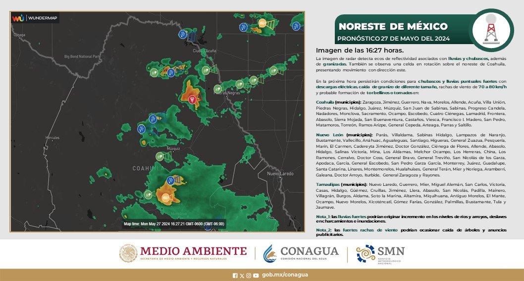 ⚠️ Prevalecerá para la próxima hora el #Pronóstico de #Chubascos y #Lluvias puntuales fuertes, así como caída de #Granizo y fuertes #Rachas de #Viento en el noreste de #México. ¡Toma tus previsiones! 😯