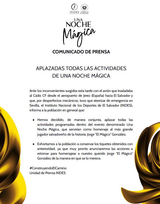 📄🚨

𝐂𝐨𝐦𝐮𝐧𝐢𝐜𝐚𝐝𝐨 𝐨𝐟𝐢𝐜𝐢𝐚𝐥 

Aplazada Una Noche Mágica

#ConstruyendoElCamino 
#ESMágico