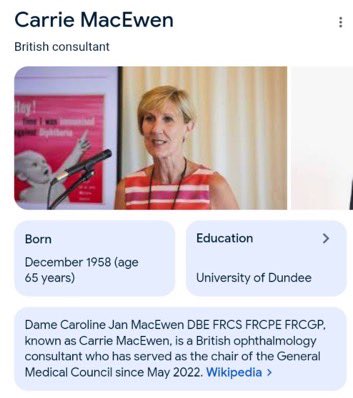 @gmcuk Crisis 

#PhysicianAssociate Scandal 

Time For Spotlight on Dame #CarrieMacEwen 

Not Just @drcolinm 

Chair of the GMC May 2022 - 

@prof_standards @NHSEnglandNMD @JeanetteRCR @RCoAPresident @DrSarahClarke @KamilaRCGP @NavinaEvans 

@TheBMA @RoySocMed @medicalwomenuk