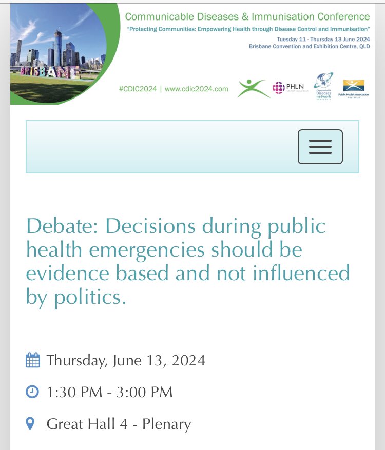 No shortage of material for @_PHAA_ #CDIC2024 DEBATE: Decisions during public health emergencies should be evidence based & not influenced by politics Yes team Allen Cheng & me No team Erik Baekkeskov The Hon. Steven Marshall @UniMelb @UniMelbMDHS phaa.eventsair.com/QuickEventWebs…