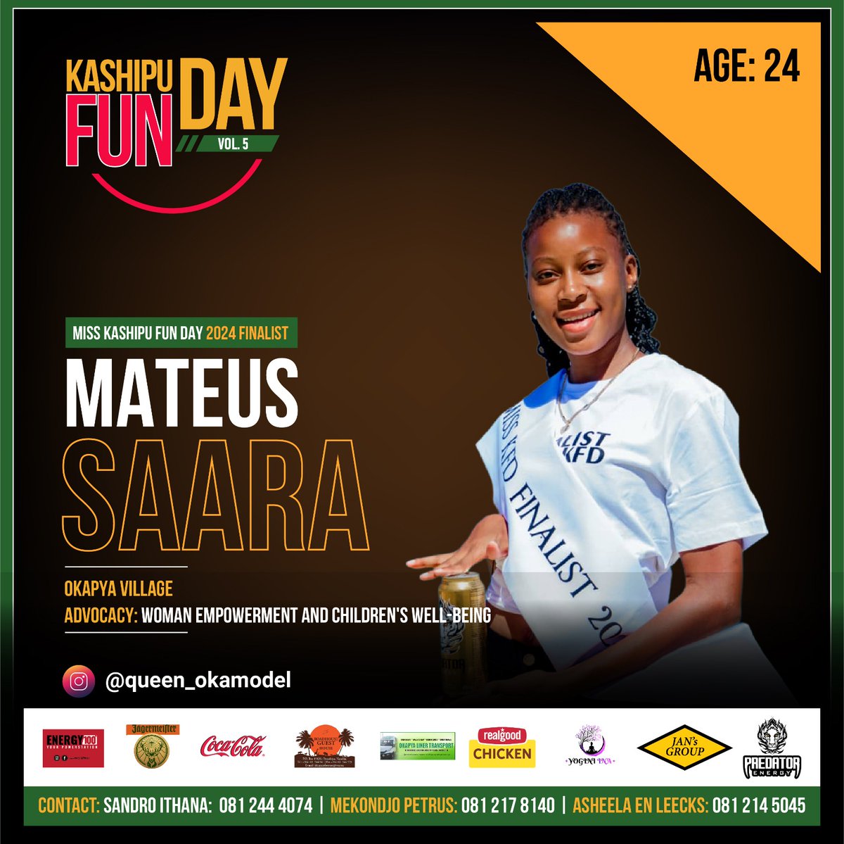 The 9th Finalist for Miss <a href="/KashipuD/">KashipuFunDay</a> 2024 is:

Name: Mateus Saara
Age: 24
Town: Okapya Village 
Advocacy: Woman empowerment and children's well-being 

#KashipuFunDayVol5