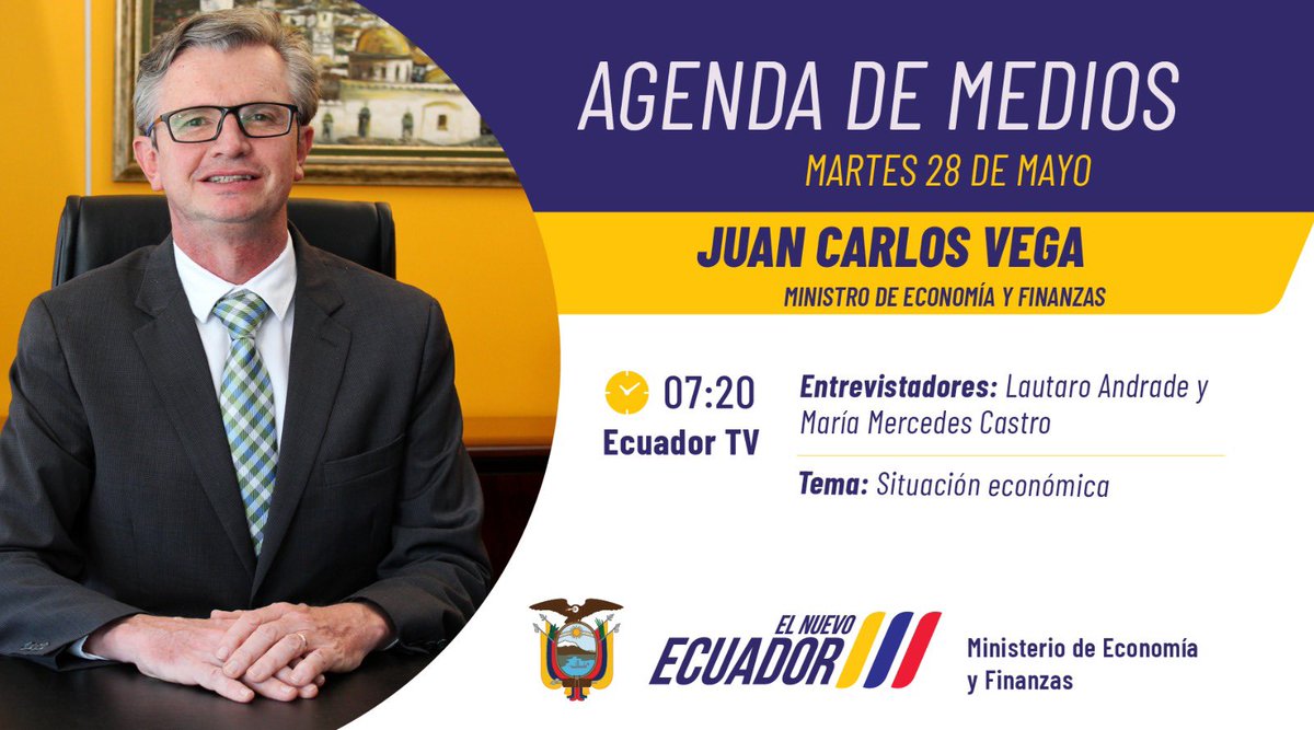 ⏹️ #EnMediosMEF | La situación económica del Ecuador es analizada por el ministro de @FinanzasEc, @JuanCVegaEC: 🗓️: 28.05.2024 📺: @EcuadorTV ⏰: 07:20 🔗: ecuadortv.ec #ElNuevoEcuadorResuelve