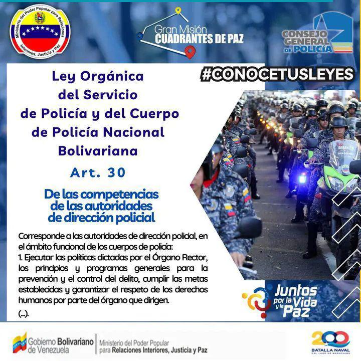 📚#ConoceTusLeyes | Art.30: Corresponde a las autoridades de dirección policial, en el ámbito funcional de los cuerpos de policía: 1.Ejecutar las políticas dictadas por el Órgano Rector, los principios y programas generales para la prevención y el control del delito (...)