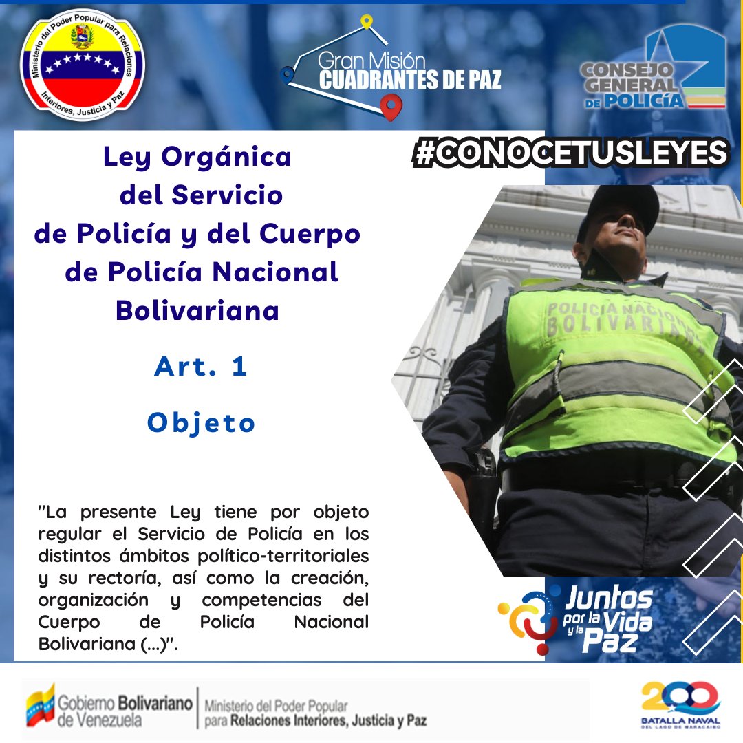 📚#ConoceTusLeyes|Artículo 1: La presente Ley tiene por objeto regular el Servicio de Policía en los distintos ámbitos político-territoriales y su rectoría, así como la creación, organización y competencias del Cuerpo de Policía Nacional Bolivariana (...).
#LasCallesSonDelPueblo