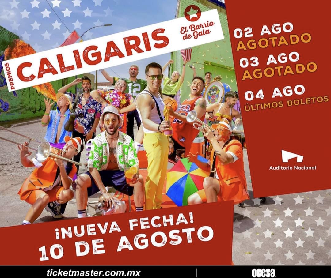 El barrio se vestirá una vez más de gala!! 🤵🏽‍♀️🤵🏾‍♂️

Porque no solo es una fecha agotada, son dos y hay otra fecha más para poder hacer ruido en los Premios Caligaris 🤡🌟

Nos vemos este 2, 3, 4 y 10 de agosto en el <a href="/AuditorioMx/">Auditorio Nacional</a> con <a href="/LOSCALIGARIS/">Caligaris</a> 🎟️🎩