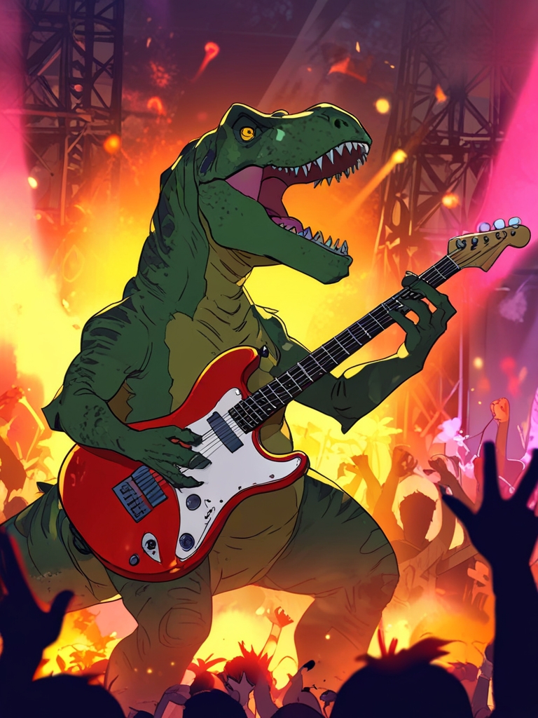 Today, I was testing #AI to see how #dinosaurs might appear in human situations, and I made them perform a cool and #funny rock concert! 

Don't ask me for the prompt because I prompted, downloaded, and deleted it so fast that I lost the prompt and the entire creative process!