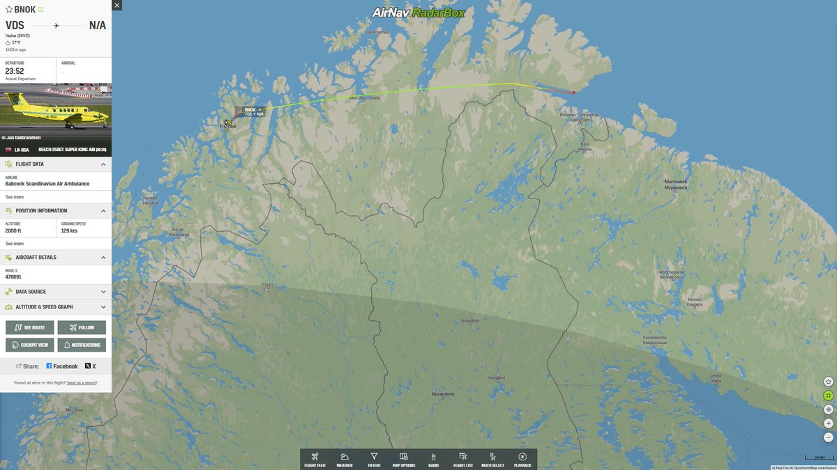 A Beech 250GT Super King Air (LN-BSA) operated by Avincis is currently en route to Tromsø, flying through the Midnight Sun! 🌞✈️ Track the route on RadarBox: radarbox.com/flight/BNOK #Aviation #MidnightSun #FlightTracker #Avincis