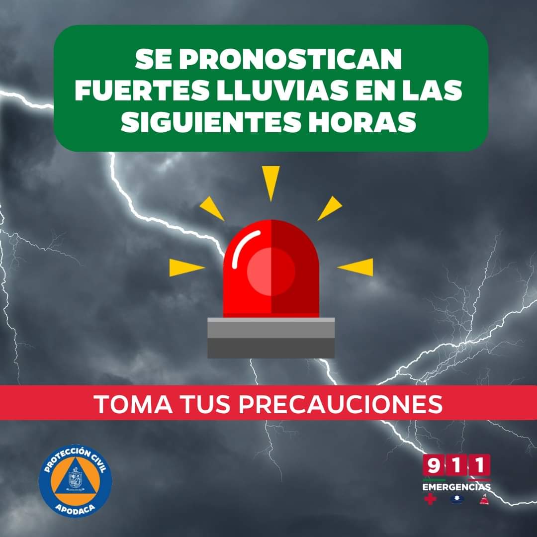 ⚠️ Atención, en las próximas horas se esperan lluvias fuertes con posible granizo, actividad eléctrica y rachas de viento de 50 a 70 km/h ¡Toma precauciones! ⛈️

#Apodaca #Clima #Luvias #FuertesVientos #CuidaALosTuyos