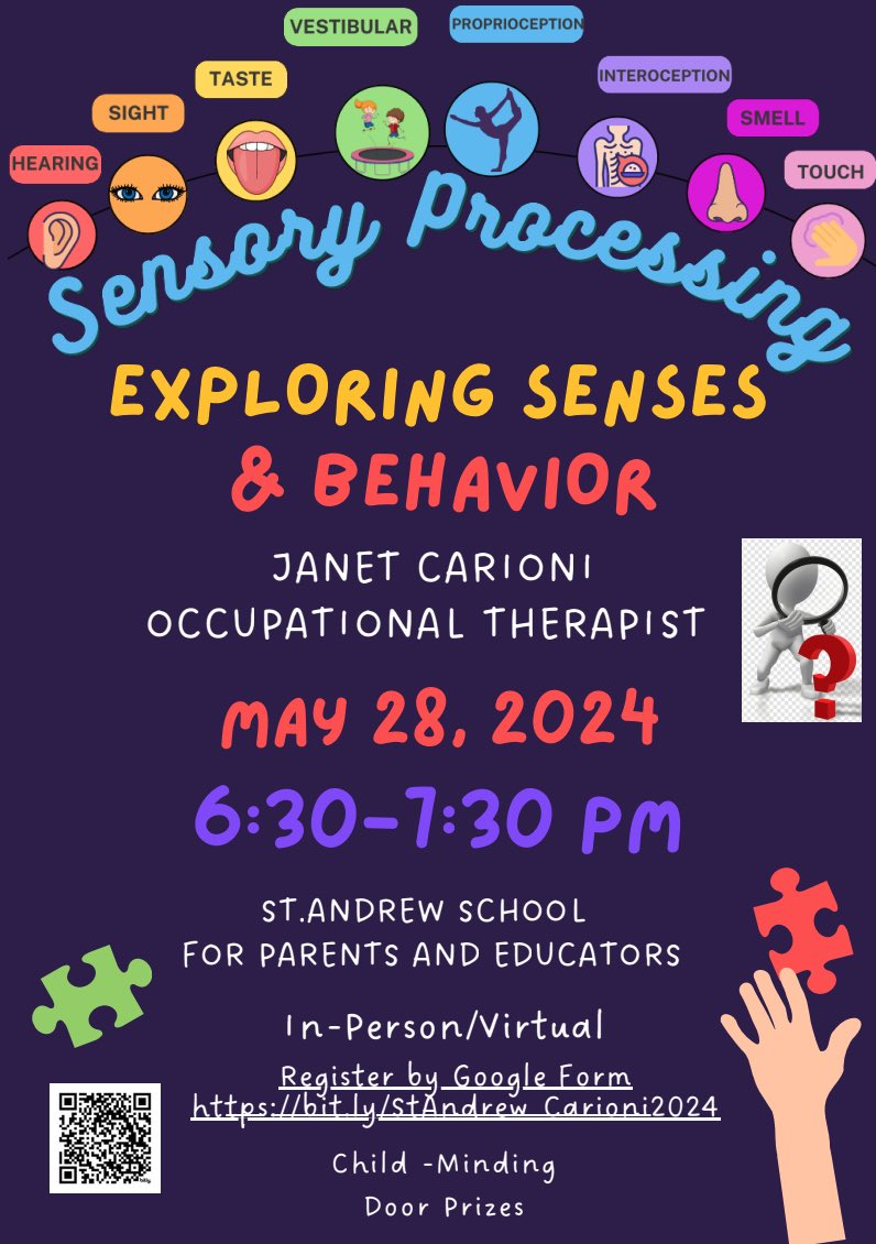 Join us tomorrow (Tuesday, May 28th) at 6:30 for a special presentation exploring sensory processing and behaviour! Register docs.google.com/forms/d/e/1FAI…