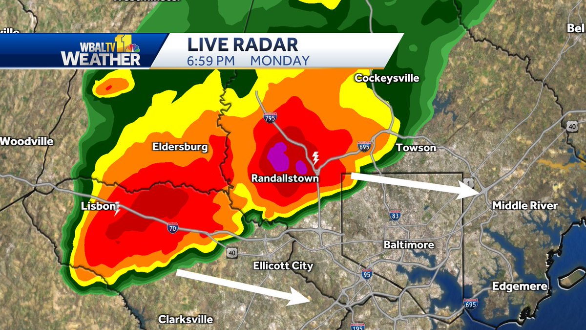 Radar Update: Strong storms will move through the Baltimore City Metro 7 - 8 PM. These storms may contain gusts over 60 MPH, hail and heavy rain. #MdWx