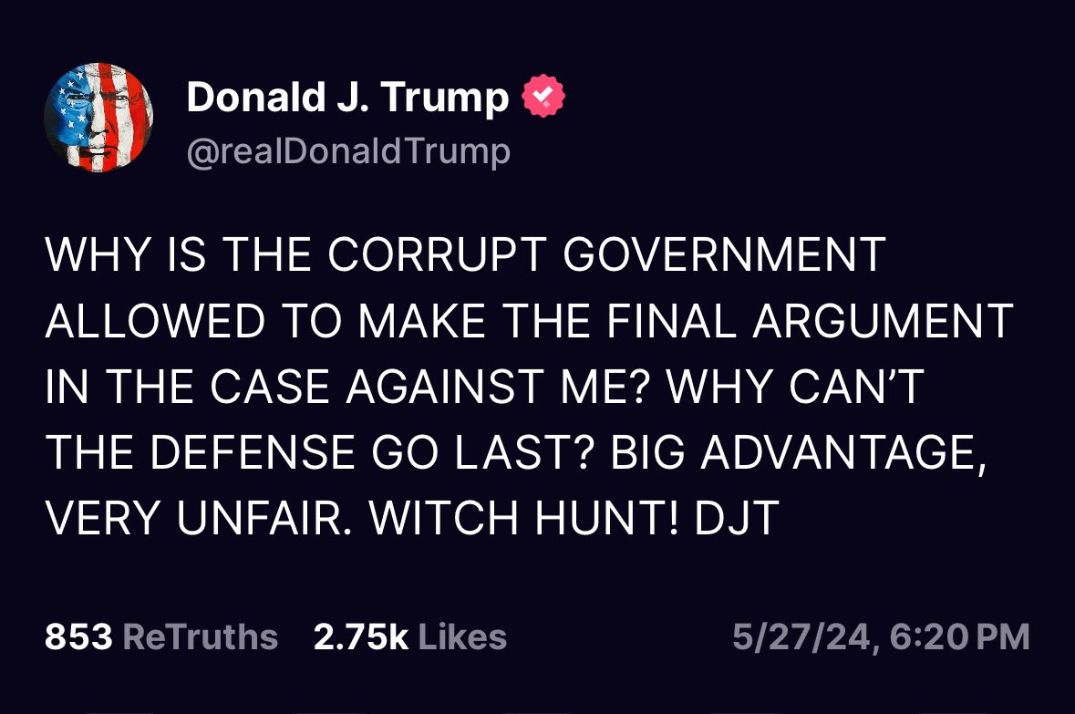 Donald Trump learning in real time how trial procedures work in virtually every criminal court. Prosecutors typically get a rebuttal during closings because burden of proof lies with them, not defense.
