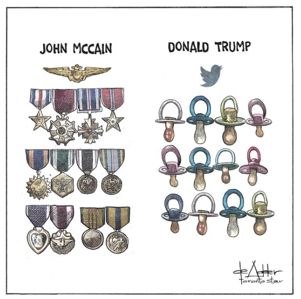 This Memorial Day let's compare Donald Trump to the man he made fun of - John McCain. --McCain was imprisoned because he was serving his country. --Trump will be imprisoned because he was serving himself. --McCain was tortured by the enemy because he was American.