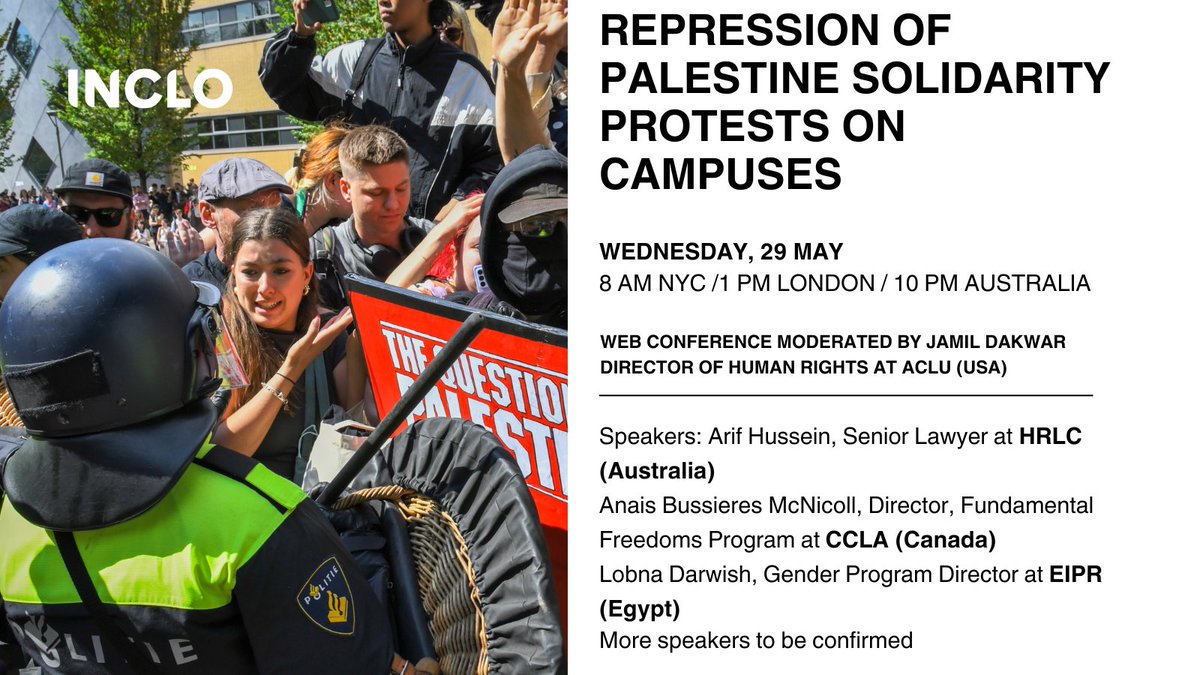 🚨Repression of #Palestine Solidarity Protests on Campuses🚨 💻With @ACLU's @Jamildakwar, Anaïs Bussières-McNicoll of @cancivlib, Arif Hussein of @humanrightsHRLC, Lobna Darwish of @EIPR 🗓️Wed 29 May, 8 AM NYC- 1 PM London-10 PM Aust Register now us02web.zoom.us/webinar/regist…