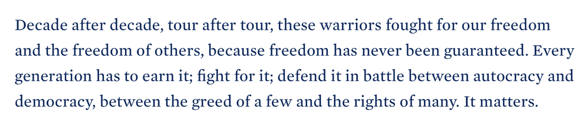This seems like an oddly political, oddly campaign-y passage in a presidential Memorial Day address. Has any previous president used the address to denounce 'the greed of a few and the rights of many'? From Biden speech today at Arlington: whitehouse.gov/briefing-room/…