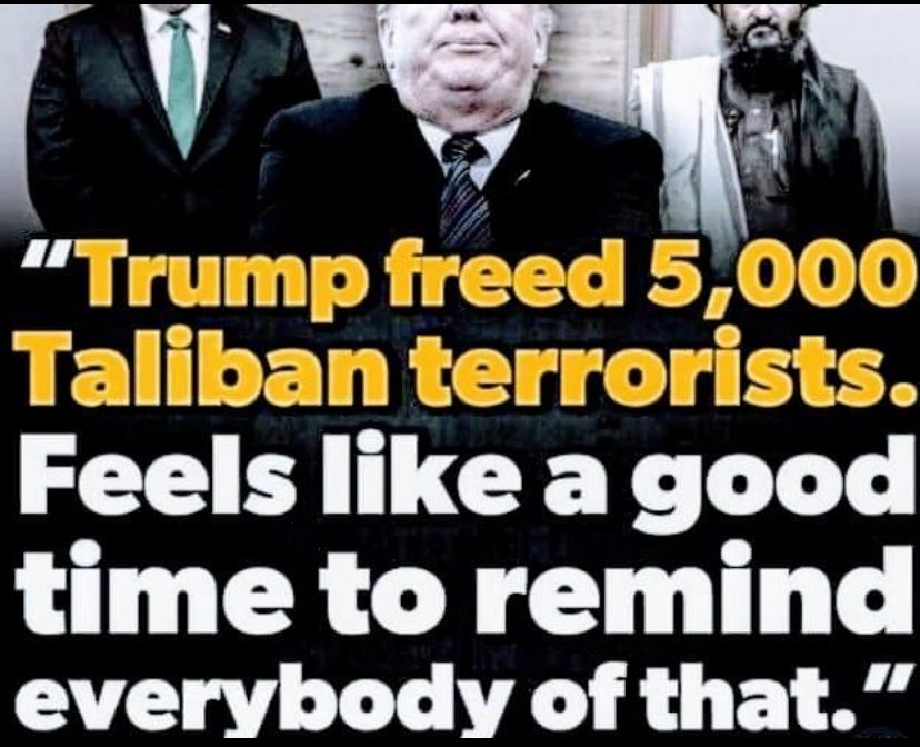 He wants voters to forget he freed 5,000 terrorists. He invited Taliban leaders to Camp David. He tweeted about that on September 8, 2019, just 3 days before the 18th anniversary of the fall of the Twin Towers. Trump is a traitor; always has been, always will be. #FreshUnity