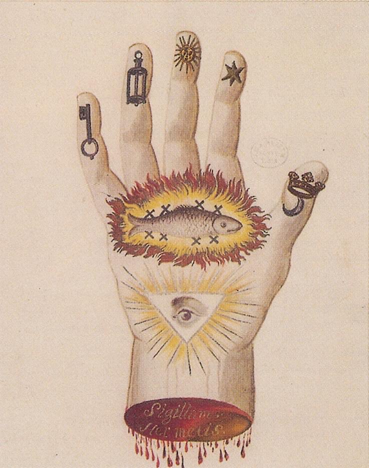 The Hand of the Philosophers 
Alchemical hand with symbols of Transmutation. 
Miniature from 'Alchimia Hermetis' 
17th century 
National Széchényi Library, Budapest.