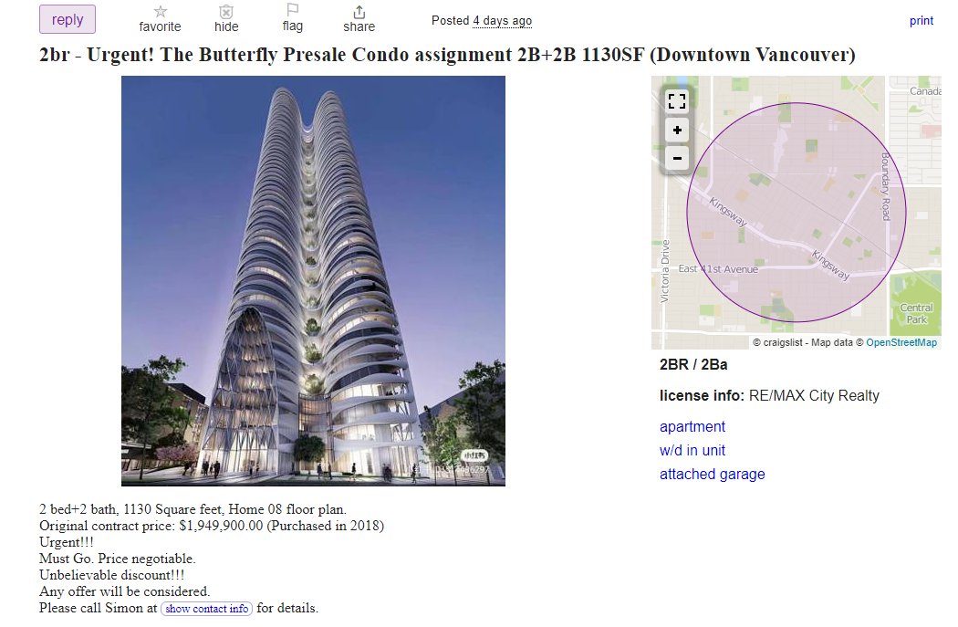 You can smell the desperation at the Butterfly:

Urgent!!!
Must Go. Price negotiable.
Unbelievable discount!!!
Any offer will be considered.

One seller offering $225K below contract price.

#VanRE