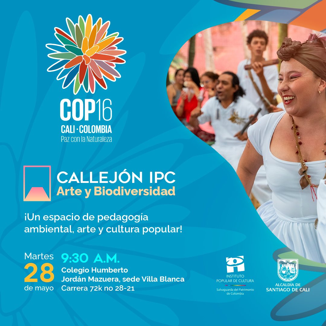 ¡El #IPCCali estará  en la #COP16Colombia!🌼
 Desde ya somos parte de los procesos pedagógicos que adelanta la @AlcaldiaDeCali para promover el cuidado de nuestra biodiversidad a través de las artes populares🎶🎭📸💃,  por eso te esperamos mañana en I.E Humberto Jordán Mazuera.🍃