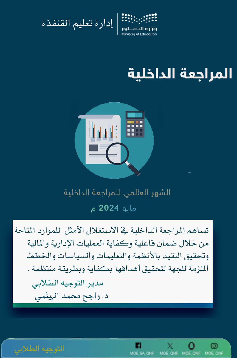 في 
#شهر_التوعية_بالمراجعة_الداخلية 2024
رئيس قسم التوجيه الطلابي بنين   بـ #تعليم_القنفذة …..

' تساهم المراجعة الداخلية في الاستغلال الأمثل للموارد المتاحة ؛ من خلال ضمان فعالية وكفاية العمليات الإدارية والمالية ….'