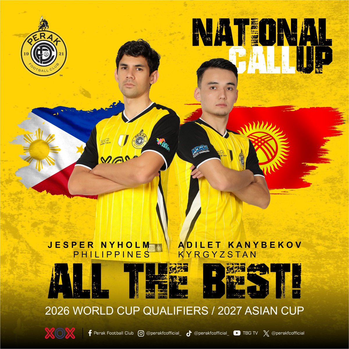perakfcofficial's tweet photo. NATIONAL CALL-UP

Jesper Nyholm 🇵🇭
Adilet Kanybekov 🇰🇬

All the best  for the 2026 World Cup Qualifiers / 2027 Asian Cup

🤍💛🖤

#PerakFC
#KejorYobKejor
#ONEXOX
#XOXMALAYSIA
#RiseAsOne
#CheetahMY
#CheetahMalaysia
#CheetahApparel
#IpohMali 
#BelangTarungTigaWarna https://t.co/j5OjmQanuM