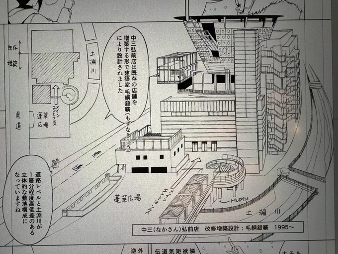 毛綱毅曠の弘前中三デパート
やっぱ川との関係を描かなきゃいかん、だがそうすると外階段がモロ見えに!
時間かかりすぎぃ! 