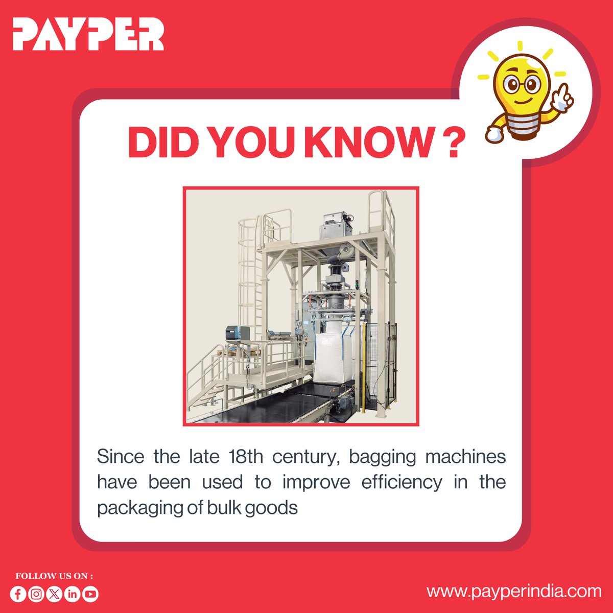 Since the late 18th century, bagging machines have revolutionized packaging, enhancing efficiency in handling bulk goods across industries worldwide.These machines have been vital in streamlining production processes & ensuring consistent quality' #Payper #Payperindia #bagging