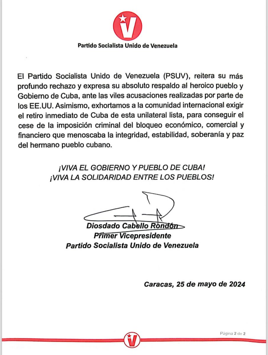 Agradecemos al @PartidoPSUV y al hermano Diosdado Cabello por su postura y apoyo firmes en contra de la inclusión de nuestro país en la espuria Lista de Estados Patrocinadores del Terrorismo.