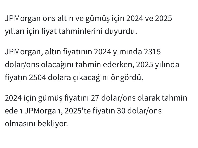 JPMorgan g.tüyle analiz yapıyor. Trump seçimi kazanır, Ons en az 3000, Gümüş en az 40$ olur.. JPMorgan ters indikatör, bu adamların satın dediği varlığı alın, alın dediği varlığı satın..