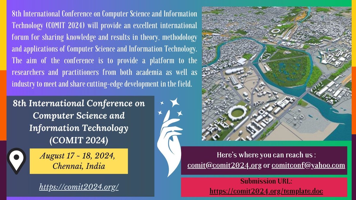 ijcncc's tweet image. ****Registration is Currently Open****

8th International Conference on Computer Science and Information Technology (COMIT 2024)
August 17~18,2024,Chennai, India
comit2024.org

Contact us:comit@comit2024.org

#networkcommunications #robotics #university #chennai #india