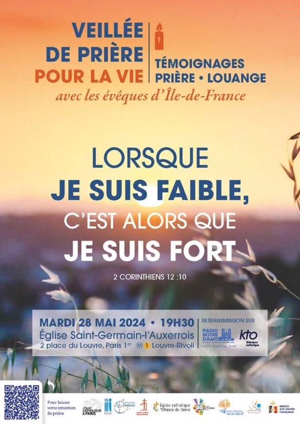 Retrouvons-nous ce mardi 28 mai à 19.30 à St Germain l’Auxerrois de Paris (métro Louvre-Rivoli, ligne 1) avec tous les évêques d’Ile-de-France et prions pour que la vie soit respectée, honorée, servie! #FindeVie ⁦@FIDEassociation⁩ ⁦@dioceseparis⁩ ⁦@KTOTV⁩ ⁦