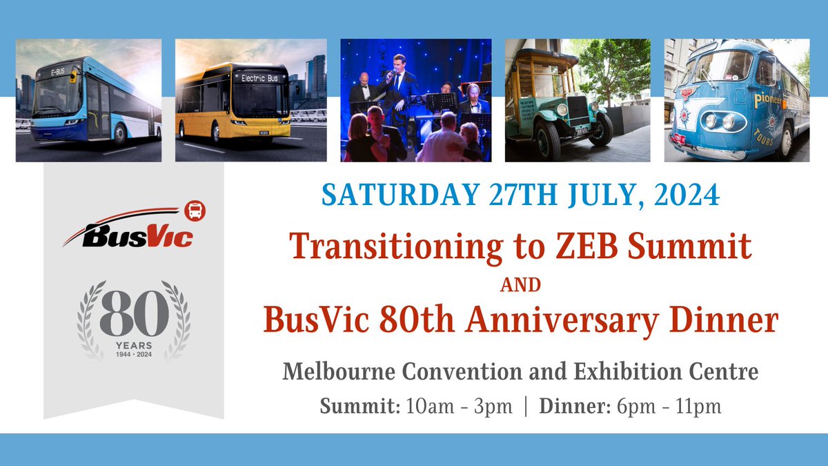 We're excitedly preparing for our upcoming events -  Transitioning to ZEB Summit and BusVic 80th Anniversary Dinner. There are limited places filling fast, so register now if you want to attend!

busvic.asn.au/transitioning-…

#ZEB #ZeroEmissionBuses