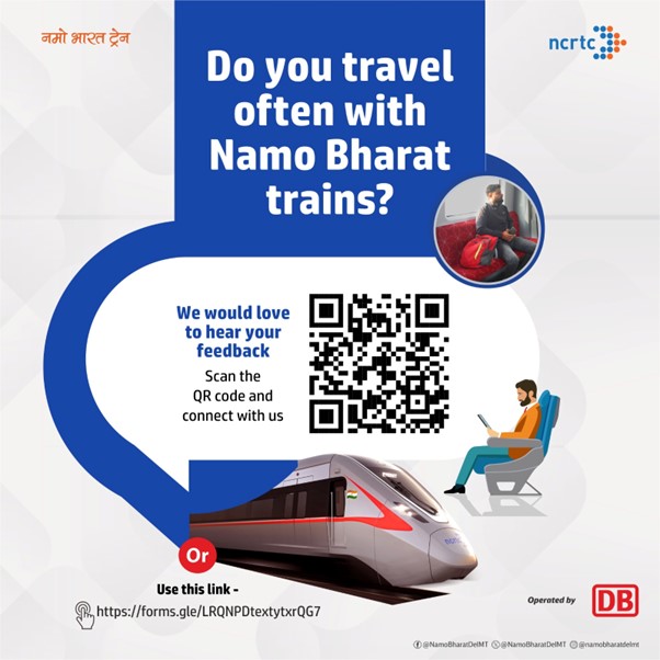 Was your experience with #NamoBharat great?

Do let us know your feedback.

Scan the QR code or click on the link - 
forms.gle/MufJRuYY2ywFVS…

#NCRTC #DBRRTS #RRTS