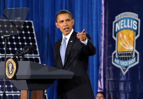 President Barack Obama visited the Nellis Air Force Base solar electric plant in North Las Vegas, NV on May 27, 2009. bit.ly/2qnQr48  
He spoke on the Recovery Act.   
'...we come to this beautiful city for the sights and for the sounds - and today we come for the sun.'