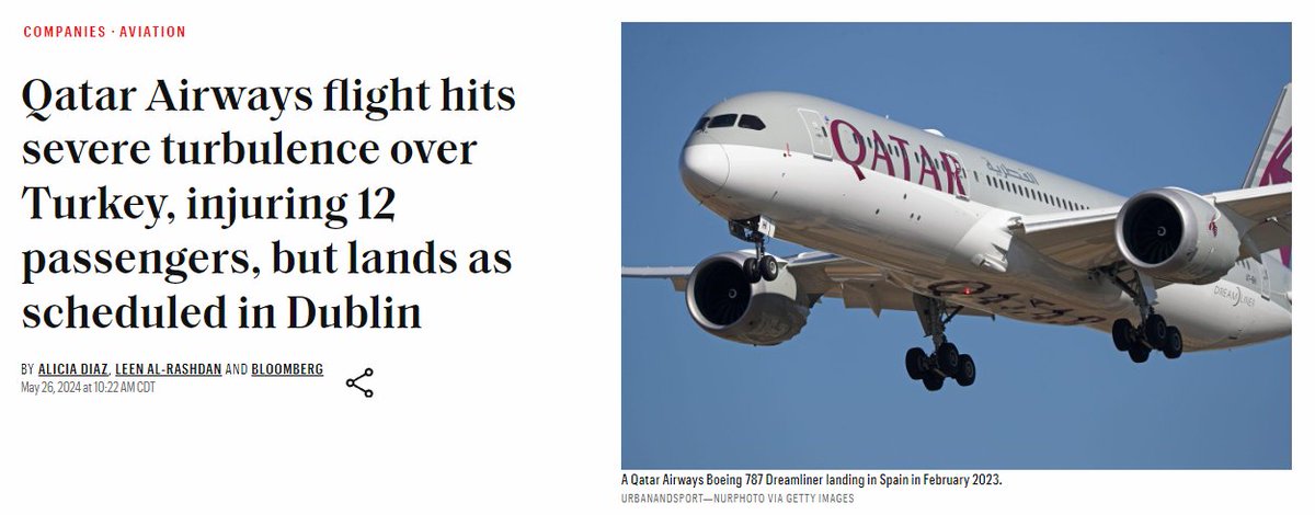 BREAKING 🚨: Boeing $BA

Another flight incident involving a Boeing 787 flown by Qatar Airways apparently hit severe turbulence over Turkey, injuring 12 passengers