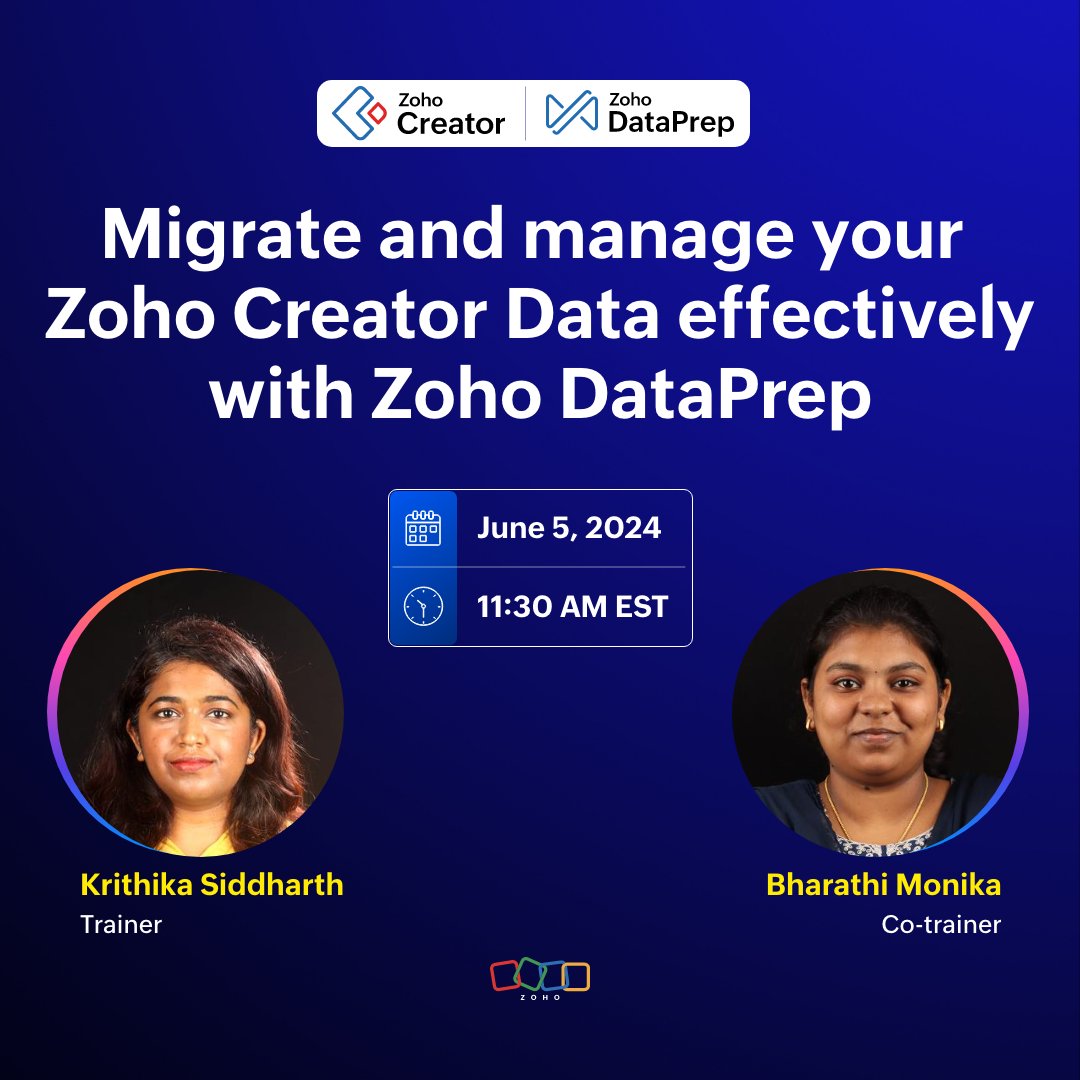 Streamline the transfer of data from different databases to Zoho Creator! Join our webinar to make your data transfer more efficient, while resolving data issues that disrupt your business processes, using @zohodataprep! 🔗 zurl.co/GjO1 #Zoho #Data #LowCode #DX