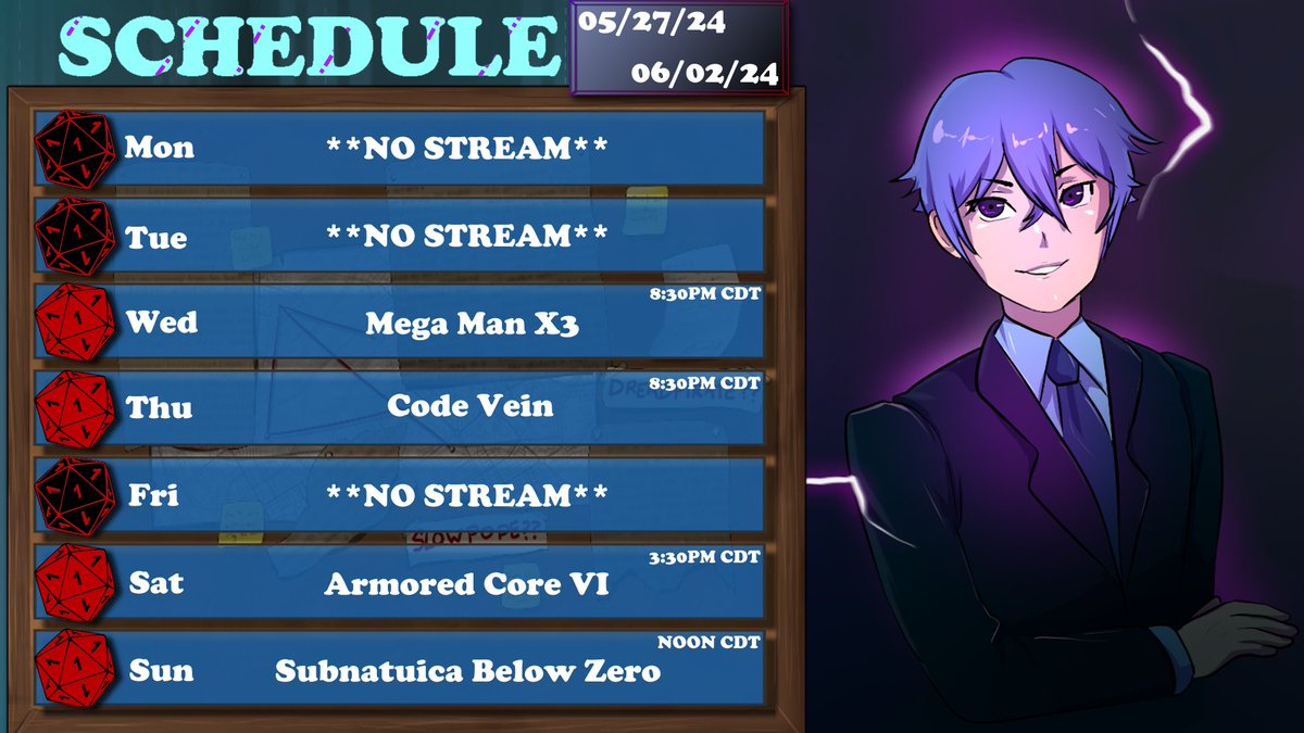 CritMith's tweet photo. This week's schedule. I should really start considering doing the same game multiple times, these schedule are looking similar week to week due to game length.
#WeeklyCrits https://t.co/qD0373R0RL